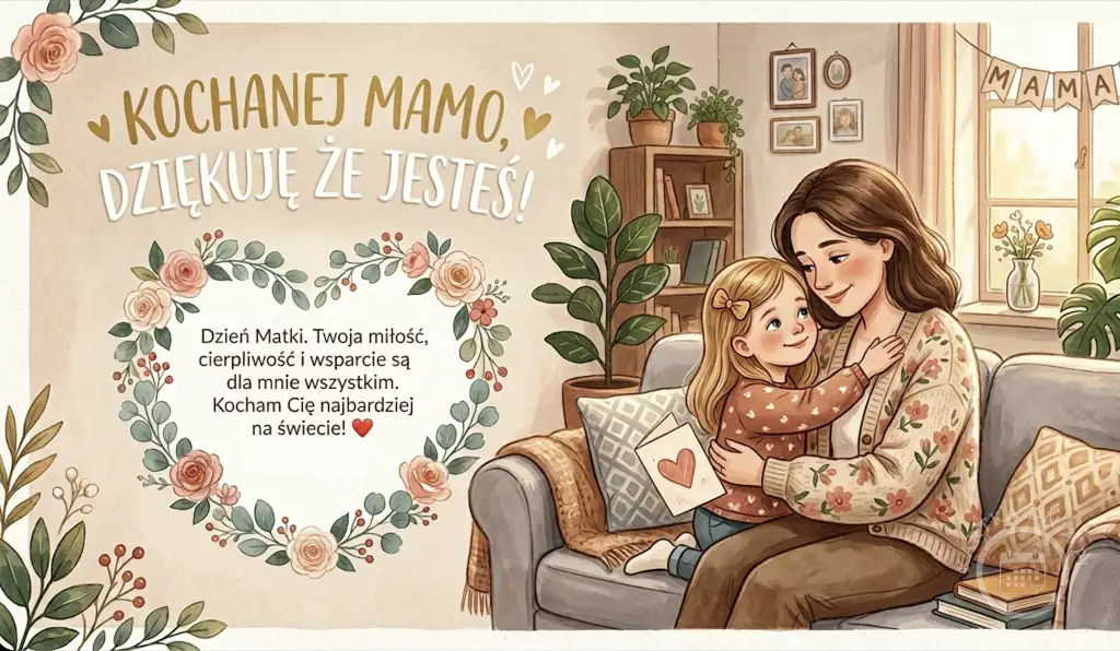 Urocza ilustracja kartki na Dzień Mamy z mamą i córką w uścisku, z napisem 'Kochanej Mamo, dziękuję, że jesteś!' oraz życzeniami.