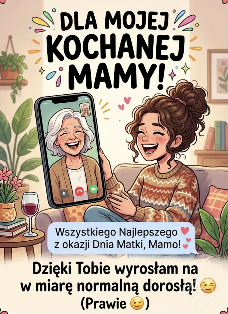 Uśmiechnięta córka rozmawia na wideo z mamą na telefonie, obok tekst "Dla Mojej Kochanej Mamy!" oraz życzenia z Dnia Matki i zabawne "Dzięki Tobie wyrosłam na w miarę normalną dorosłą! (Prawie 😉)".