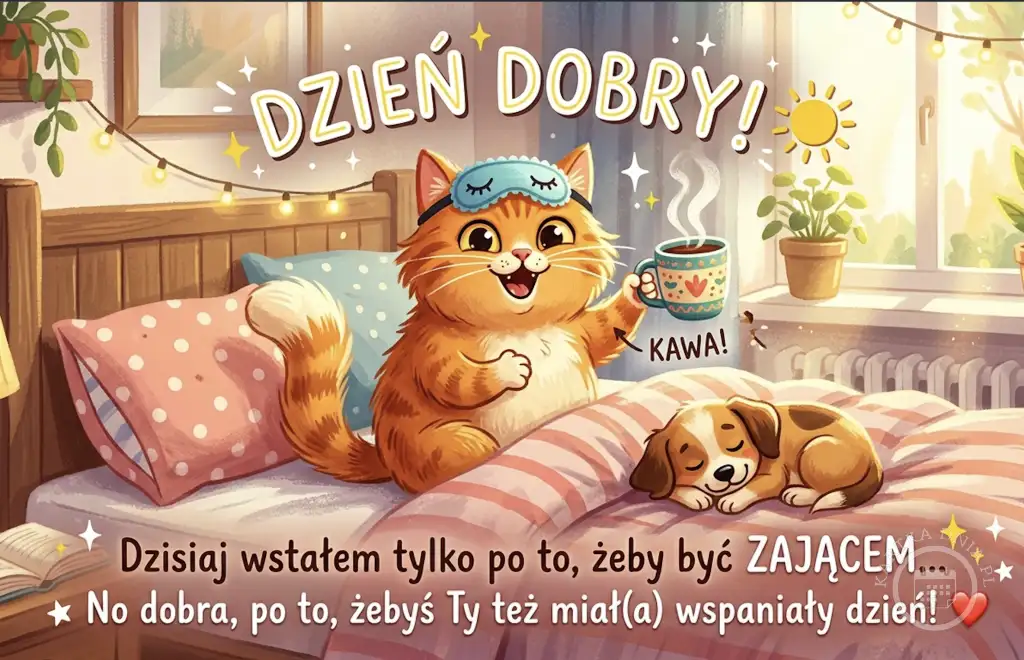 Uśmiechnięty rudy kot w opasce do spania trzyma kubek kawy obok śpiącego psa, w tle napis 'DZIEŃ DOBRY!' i słoneczny poranek.