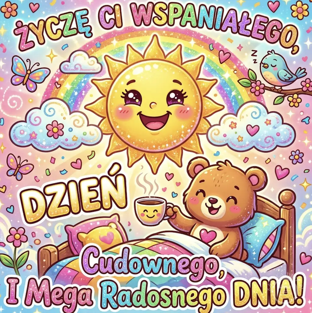 Urocza kartka na dzień dobry z uśmiechniętym słońcem, tęczą, motylami, ptaszkiem i misiem pijącym kawę w łóżku. Napis "Życzę Ci wspaniałego Dzień Cudownego I Mega Radosnego DNIA!".