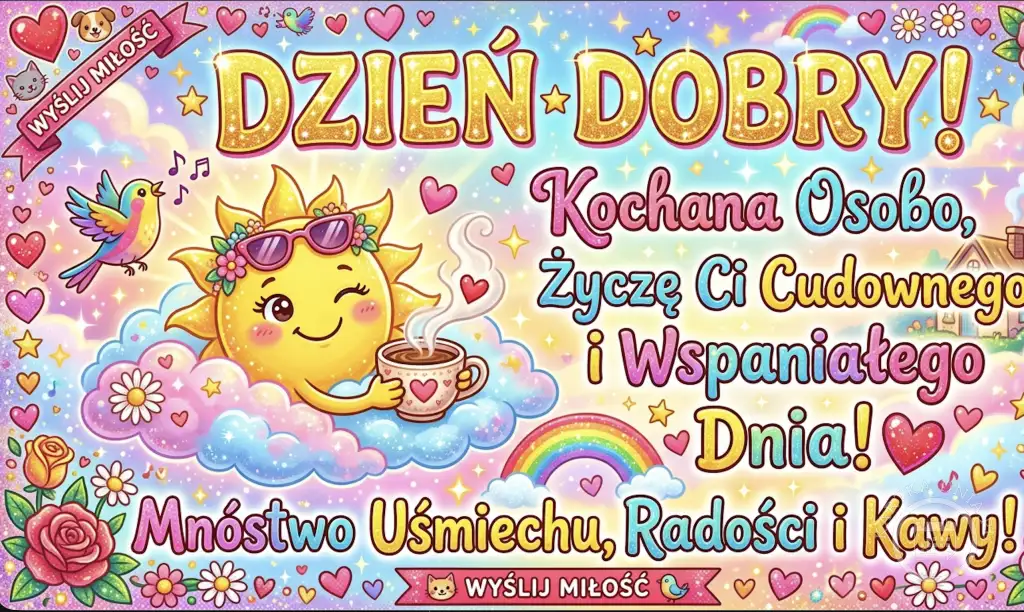 Kolorowa kartka Dzień Dobry z uśmiechniętym słońcem w okularach piciem kawy, ptakiem, tęczą i sercami. Życzenia cudownego dnia, uśmiechu, radości i kawy.