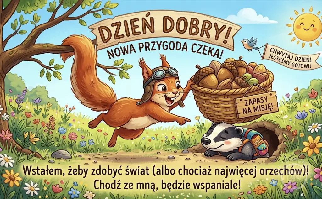 Wesoła wiewiórka w czapce pilota z koszem orzechów i borsuk w norze na tle słonecznej łąki z napisem 'Dzień Dobry! Nowa przygoda czeka!'.