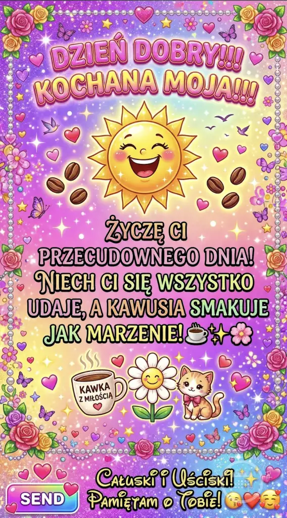 Kolorowa kartka na dzień dobry z uśmiechniętym słońcem, kawą, kotkiem i napisem 'Dzień Dobry! Kochana Moja! Życzę Ci przecudownego dnia!' Idealna do wysłania bliskiej osobie.