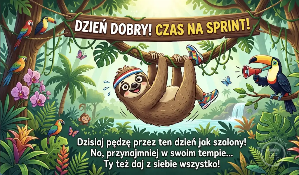 Wesoły leniwiec w opasce i butach sportowych wisi na gałęzi w tropikalnej dżungli, obok tukan z megafonem. Nad nim napis "Dzień dobry! Czas na sprint!". Idealna kartka na początek dnia.