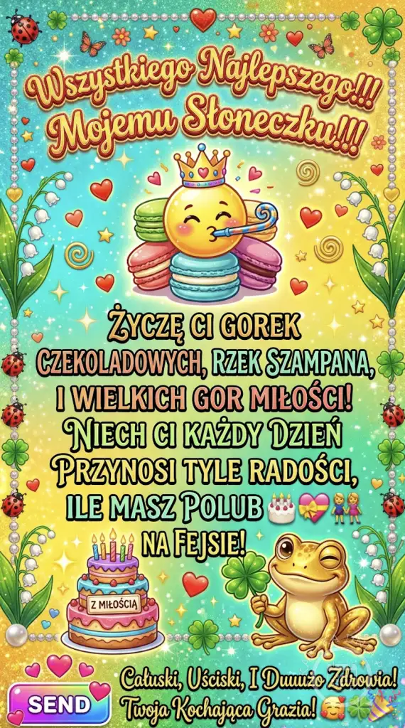 Kartka z życzeniami "Wszystkiego Najlepszego Mojemu Słoneczku!" z emotikonem w koronie, żabką, tortem i sercami na błyszczącym tle.