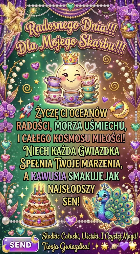 Bajkowa kartka na dzień dobry z wróżką, uśmiechniętym księżycem w koronie, kawą, pawiem i tortem, pełna życzeń miłości i radości.