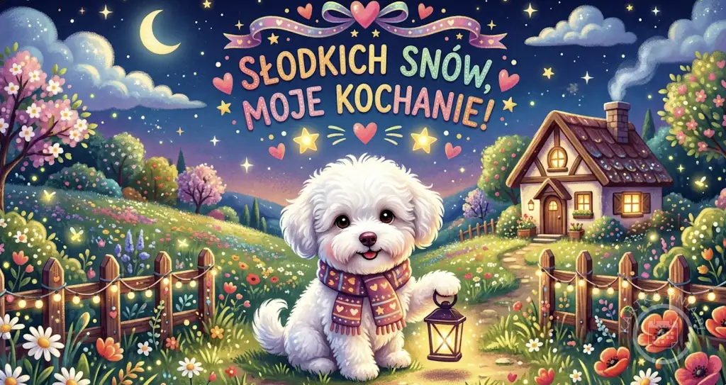 Biały piesek z latarnią na kartce 'Słodkich snów, moje kochanie!' Nocne niebo, księżyc, domek i kwitnąca łąka.