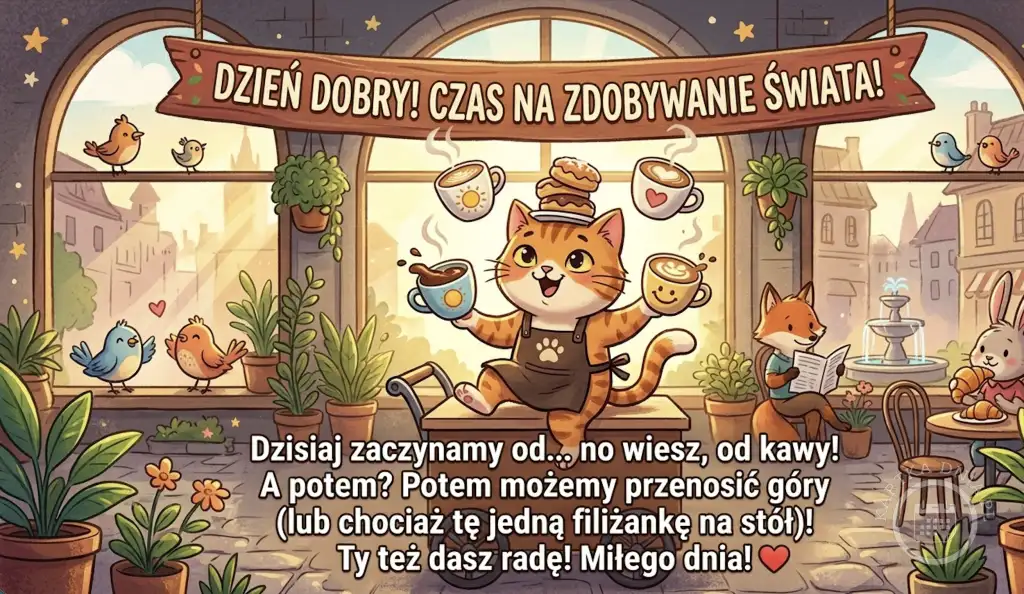 Kartka na dzień dobry z kotkiem kelnerem w fartuchu, trzymającym filiżanki kawy, w tle kawiarniany widok z ptakami i lisem czytającym gazetę. Napis: 'DZIEŃ DOBRY! CZAS NA ZDOBYWANIE ŚWIATA!'