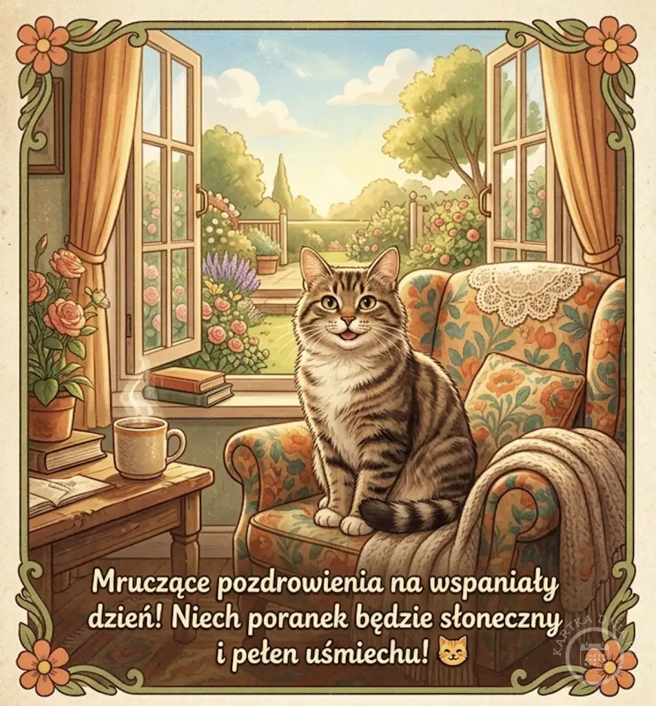 Uśmiechnięty kot na fotelu przy oknie z widokiem na słoneczny ogród. Parująca kawa. Kartka na dzień dobry.