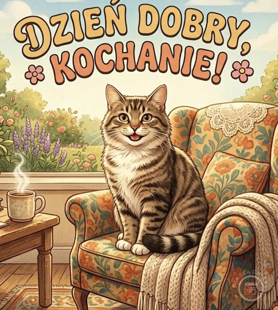 Uśmiechnięty kot pręgowany siedzący na kwiecistym fotelu obok filiżanki kawy, z napisem 'Dzień Dobry, Kochanie!' nad głową. Idealna kartka na dzień dobry.