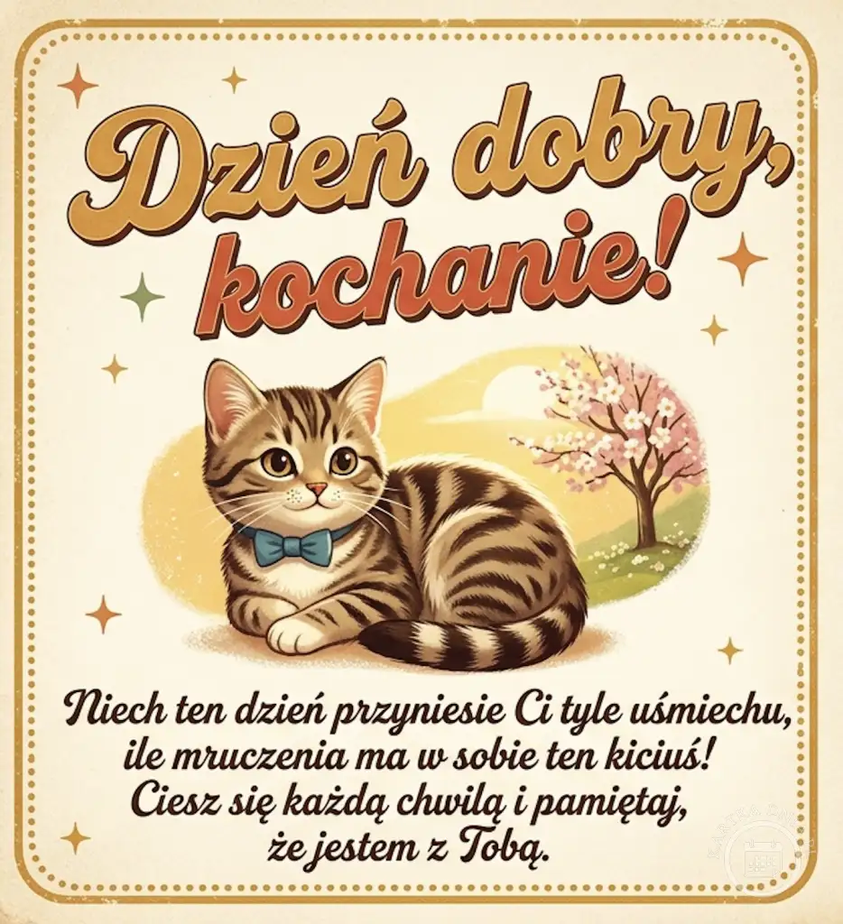 Urocza, stylizowana na vintage kartka "Dzień dobry, kochanie!" z siedzącym, pręgowanym kotkiem w muszce i kwitnącym drzewem wiśni. Idealna na poprawę humoru.
