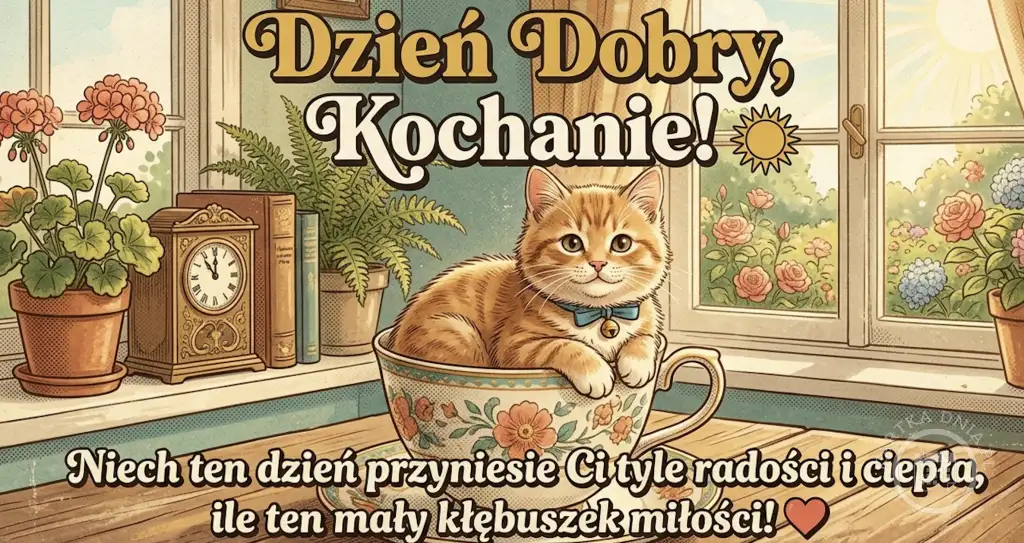 Urocza kartka Dzień Dobry z kotkiem w filiżance na parapecie, z widokiem na słoneczny ogród. Ciepłe życzenia poranne.