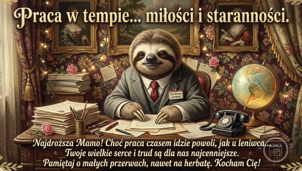 Leniwiec w garniturze przy biurku pełnym dokumentów, globus i telefon, z sentymentalnym napisem na Dzień Mamy, idealna kartka do pracy.