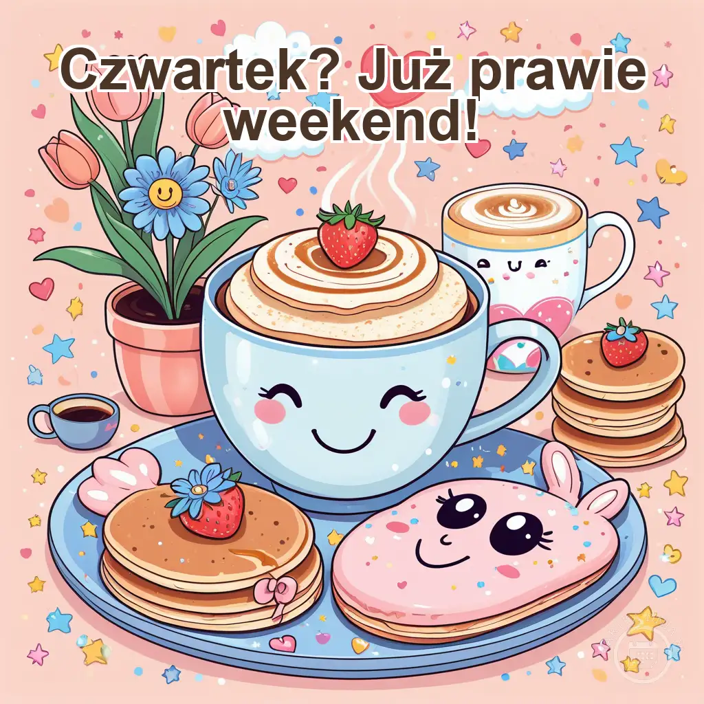 Urocza kartka na czwartek. Kubek uśmiechniętej kawy, stos naleśników z truskawkami. Napis: "Czwartek? Już prawie weekend!" Rozweseli dzień.