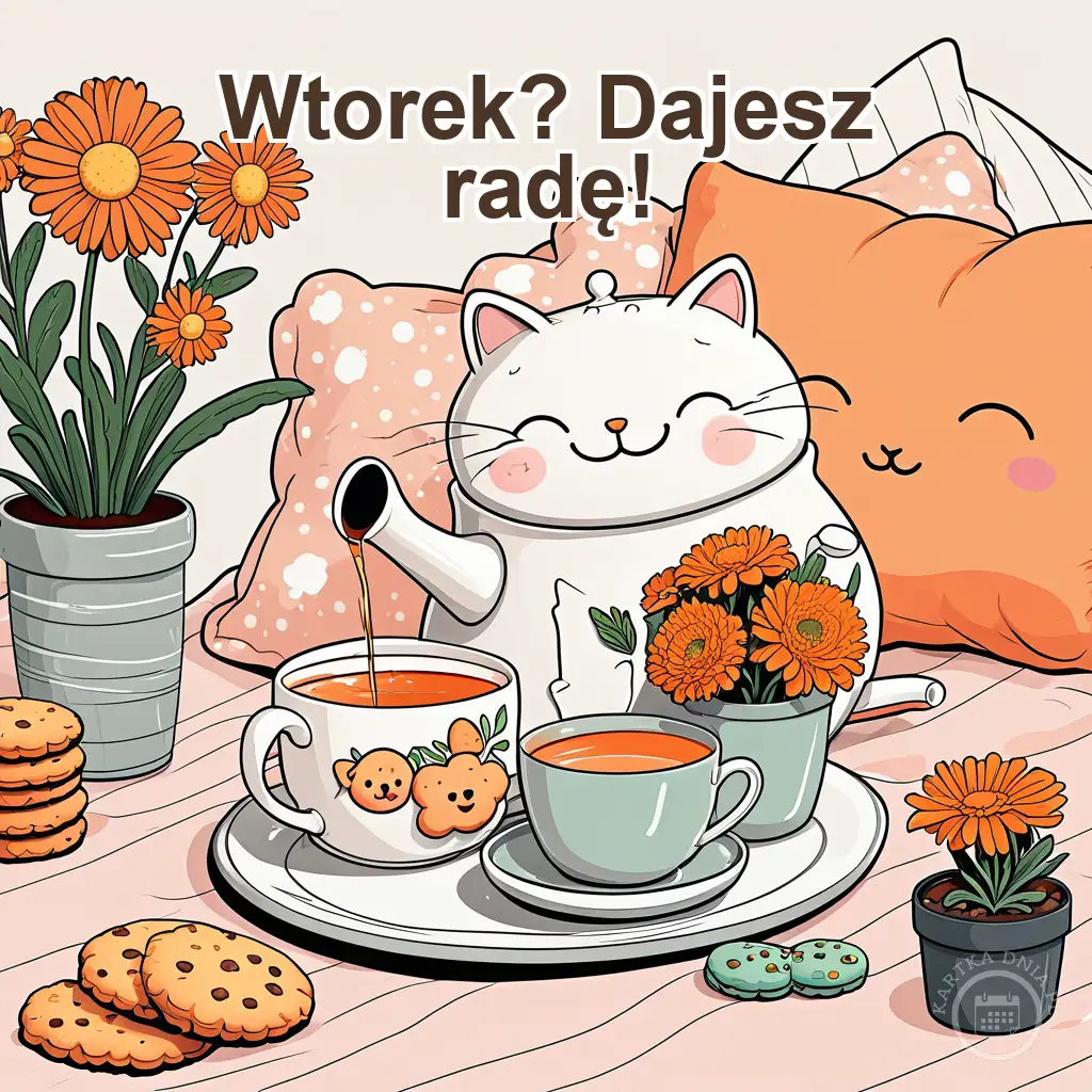Rysunkowy biały kotek-czajnik nalewa herbatę do filiżanki z uśmiechniętymi ciasteczkami. Obok stos ciastek, pomarańczowe kwiatki. Napis: 'Wtorek? Dajesz radę!'