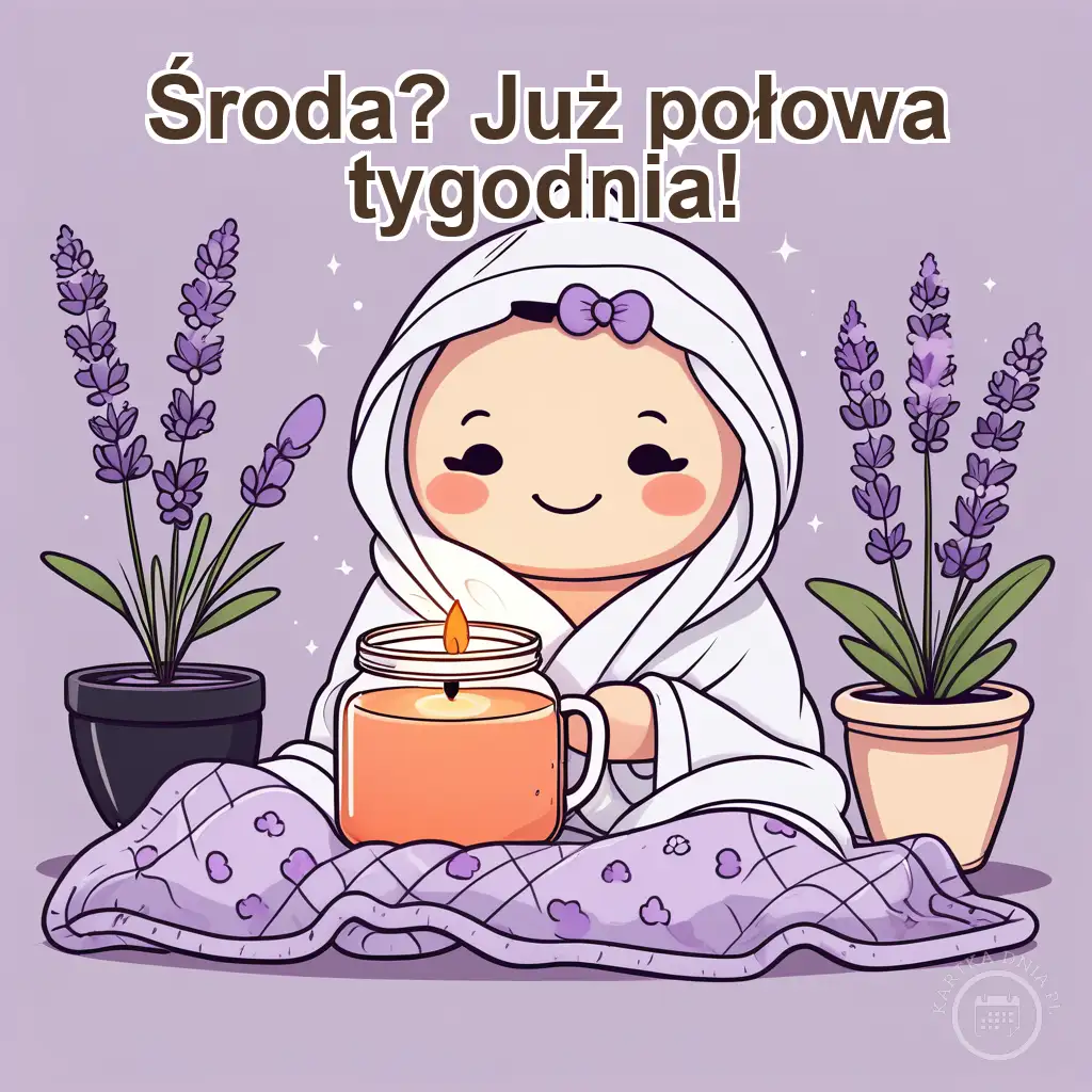Kartka na środę z uroczym dzieckiem w szlafroku, lawendą w doniczkach i świecą aromatyczną. Napis: Środa? Już połowa tygodnia!