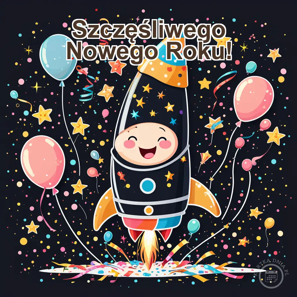 Kartka na Sylwestra z wesołą rakietą, balonami, gwiazdami i konfetti, życząca Szczęśliwego Nowego Roku.