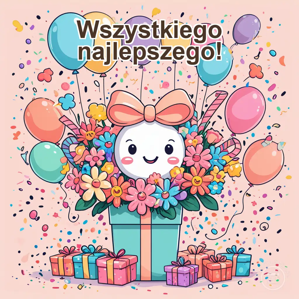 Kartka na imieniny: "Wszystkiego najlepszego!" z bukietem kolorowych kwiatów, balonami, wesołą postacią i konfetti.