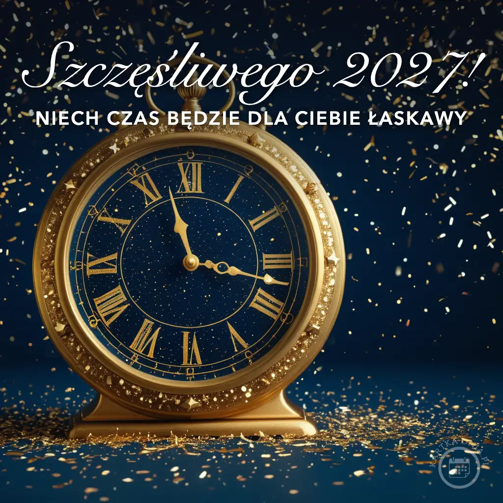Złoty zegar z rzymskimi cyframi na ciemnoniebieskim tle z konfetti i napisem Szczęśliwego 2027!