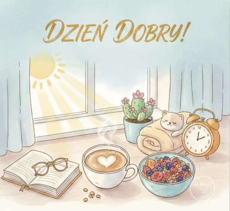 Kartka na dzień dobry z rysunkiem przytulnego poranka: kawa z sercem, miska owoców, książka, okulary, śpiący kotek obok budzika, kaktus i słońce wpadające przez okno.