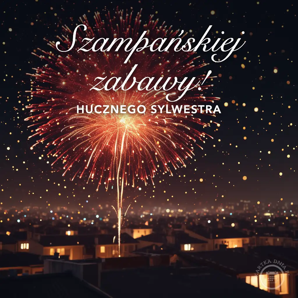 Wielki, złoto-czerwony fajerwerk rozświetlający nocne niebo nad dachami domów z napisem Szampańskiej zabawy!