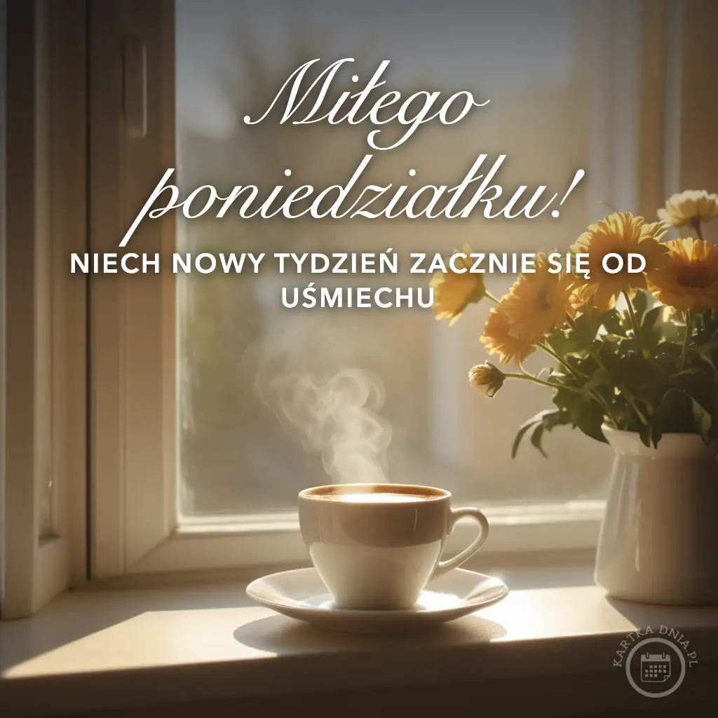 Filiżanka parującej kawy na parapecie przy oknie, obok żółte kwiaty w białym wazonie i napis Miłego poniedziałku!