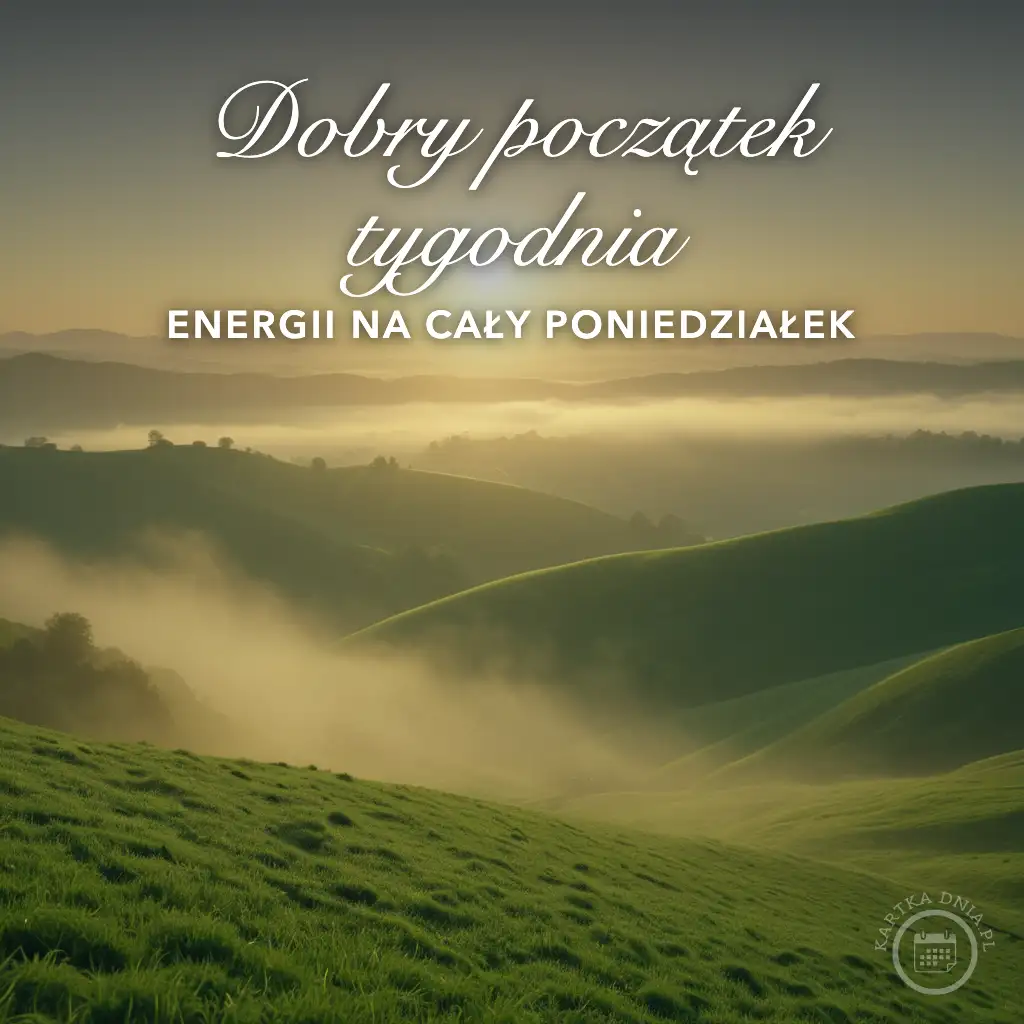 Mgliste, zielone wzgórza o wschodzie słońca z napisem Dobry początek tygodnia, energii na cały poniedziałek.