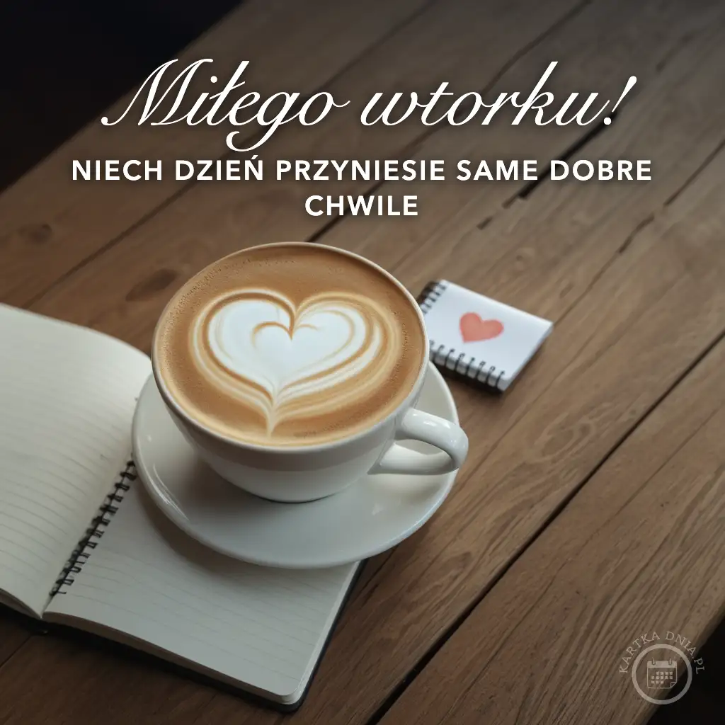 Filiżanka kawy z pianką w kształcie serca, notatnik i mała karteczka z sercem na drewnianym stole.