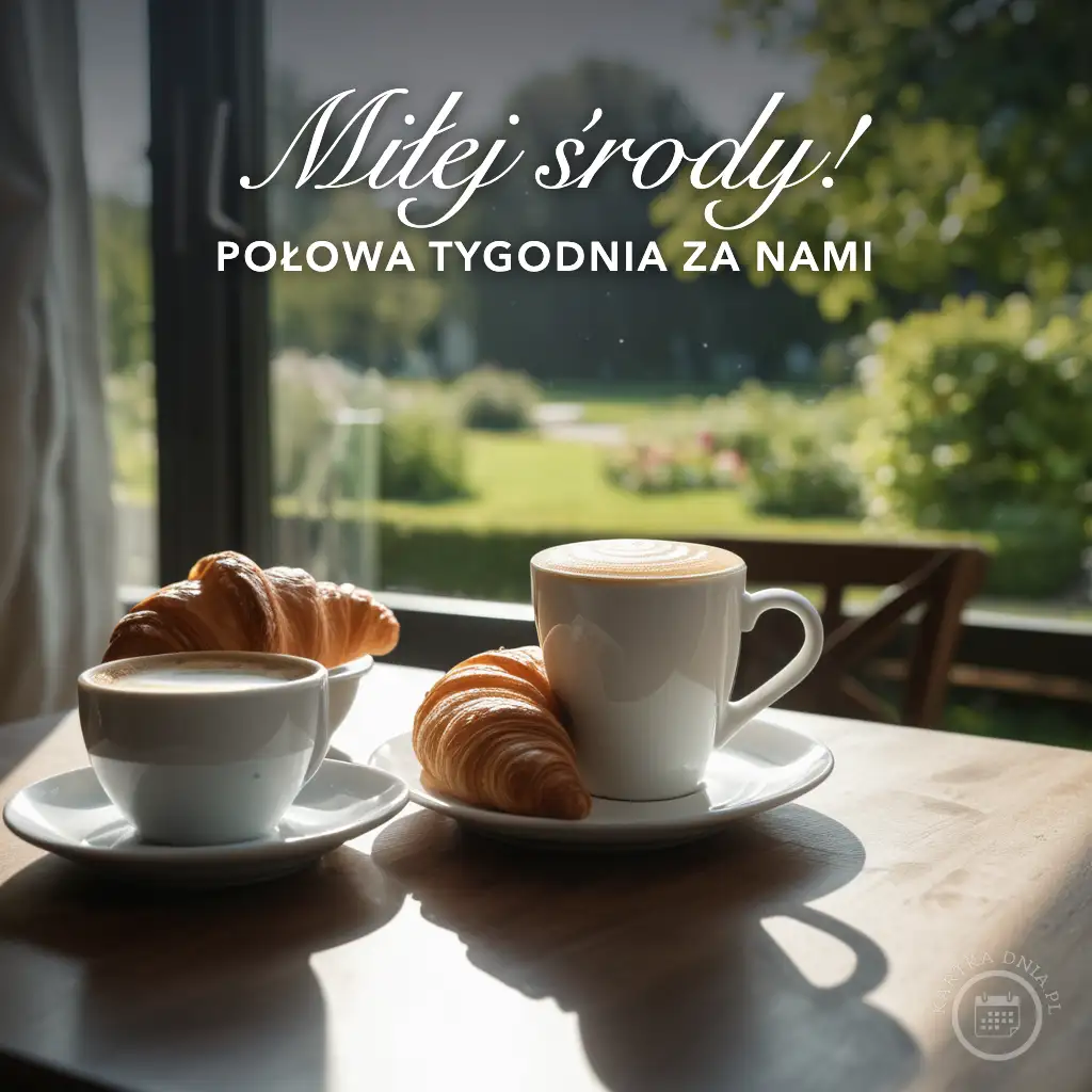 Dwie filiżanki kawy z pianką i złociste croissanty na drewnianym stole przy oknie z widokiem na ogród.