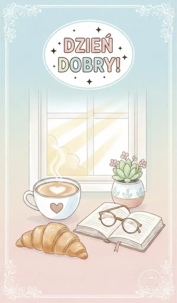 Kartka na dzień dobry. Ilustracja: kawa z sercem, croissant, książka z okularami, roślina, słońce w oknie. Napis Dzień Dobry.
