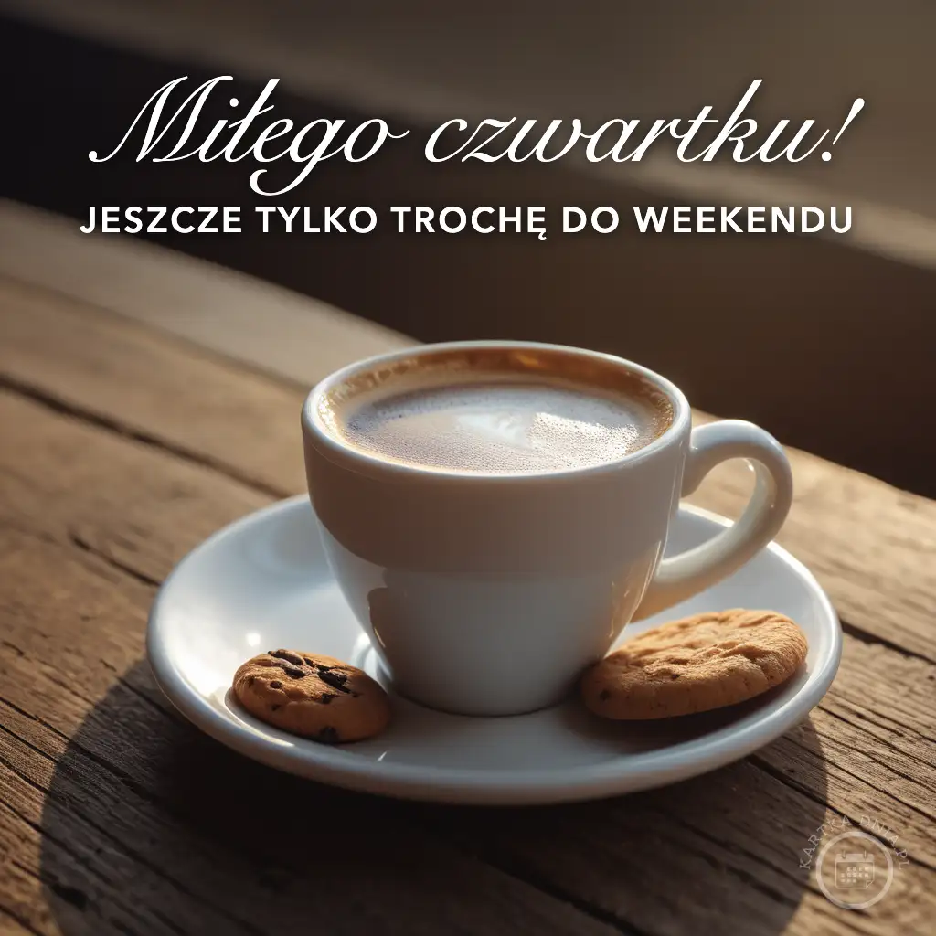 Biała filiżanka kawy z pianką i dwa ciasteczka na spodku, stojące na drewnianym stole.