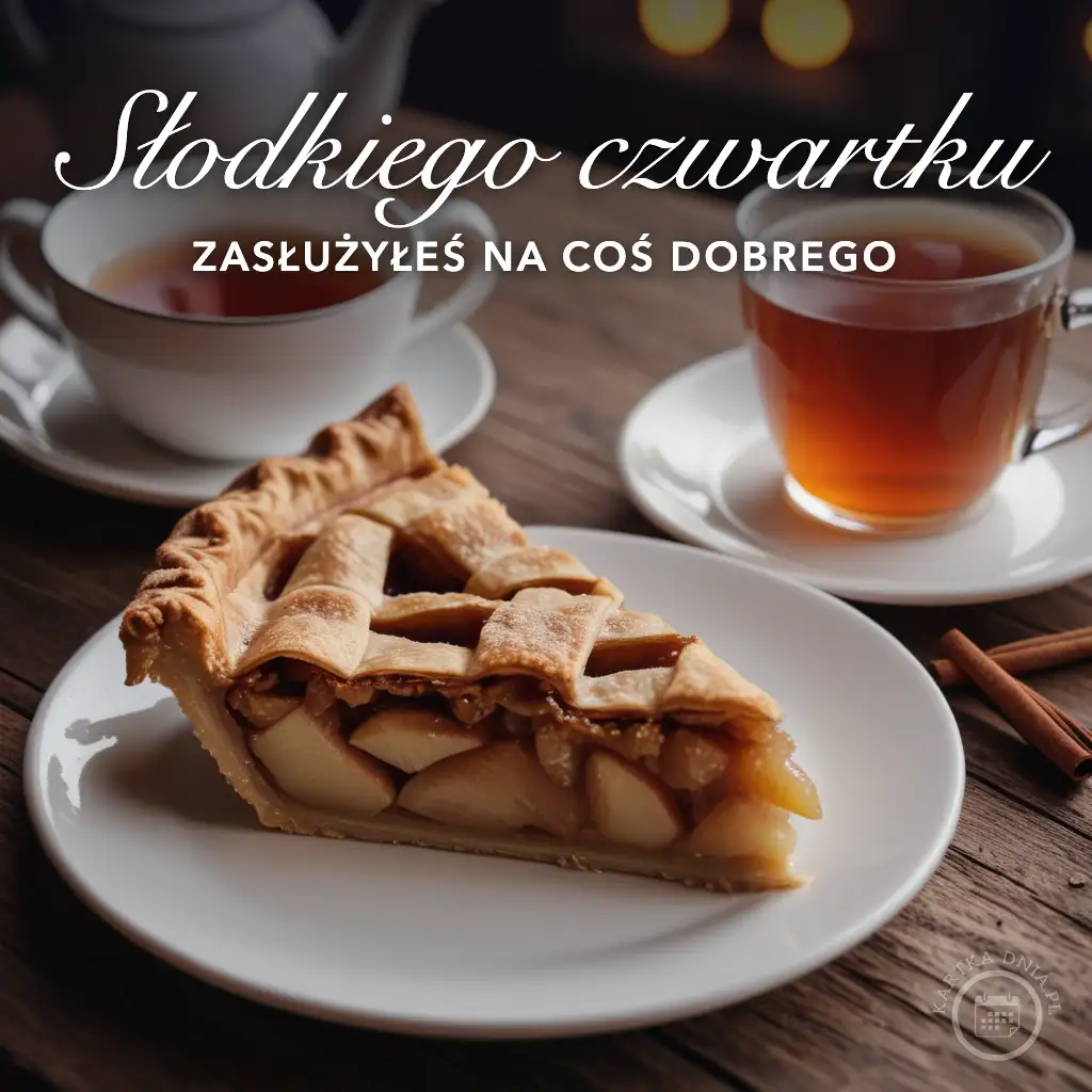 Kawałek jabłecznikowej tarty na białym talerzu, obok dwie filiżanki herbaty i laski cynamonu na drewnianym stole.