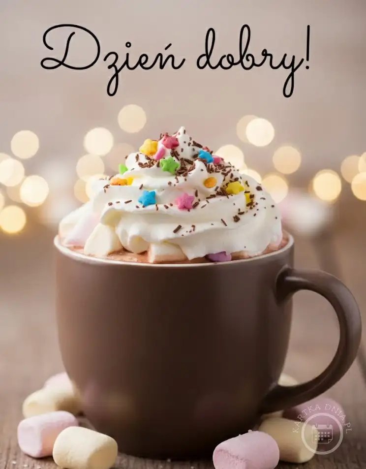Kubek kawy/czekolady z bitą śmietaną, posypkami, piankami marshmallow i napisem "Dzień dobry!" na tle bokeh.