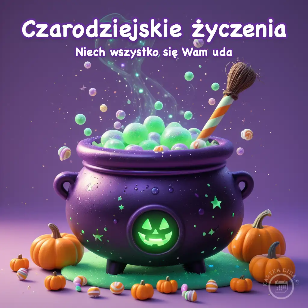 Fioletowy kociołek z zielonym wywarem, dyniami i kolorowymi cukierkami na fioletowym tle.