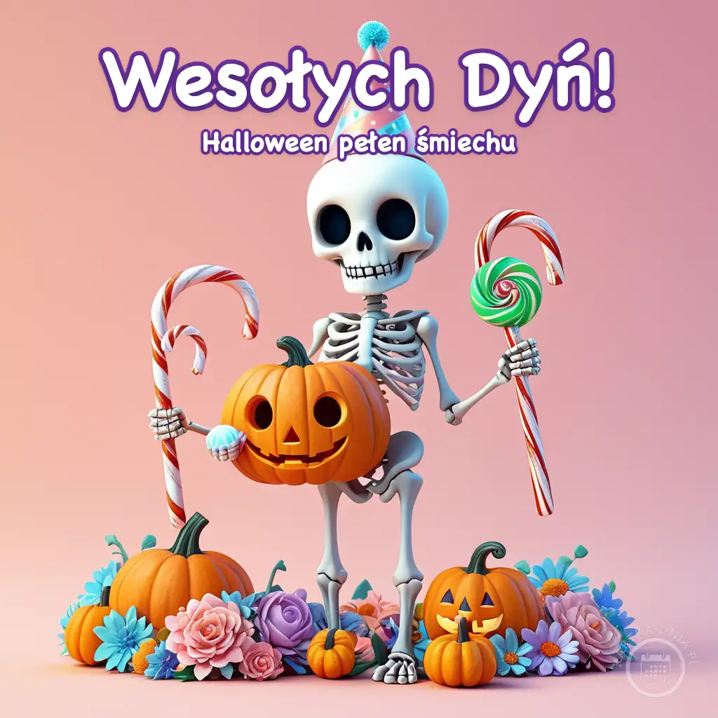 Uśmiechnięty szkielet w kolorowej czapeczce trzymający dynię oraz cukrowe laski na różowym tle z kwiatami.