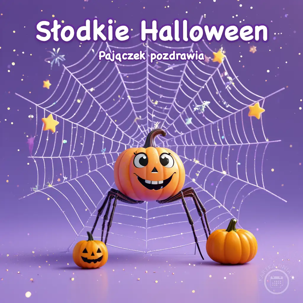 Uśmiechnięta dynia z nogami pająka na tle fioletowego tła z pajęczyną i gwiazdkami. Napis Słodkie Halloween.