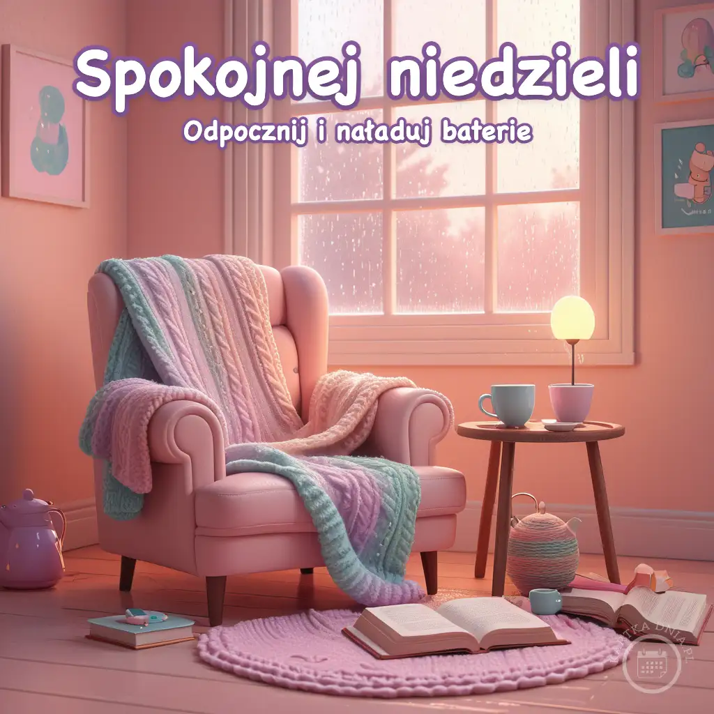 Różowy fotel z kolorowym kocem, stolik z filiżankami i otwarta książka na dywaniku w przytulnym pokoju.