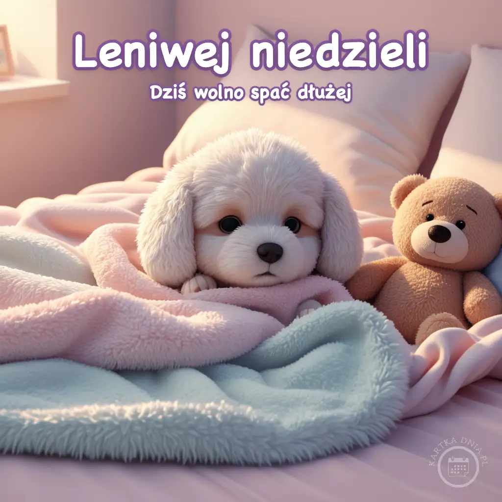 Biały szczeniak przykryty kolorowymi kocami w łóżku obok brązowego misia