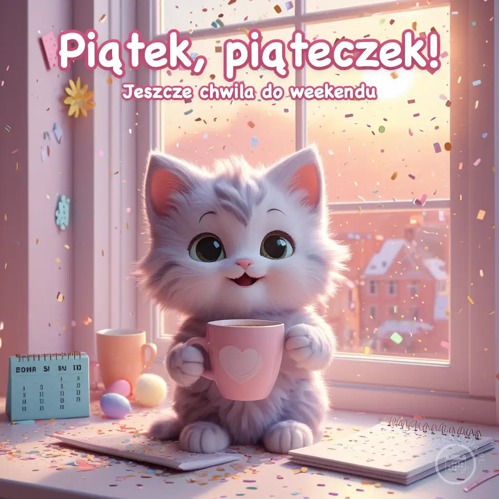 Słodki, szary kotek z kubkiem kawy siedzący na parapecie w otoczeniu kolorowego konfetti.