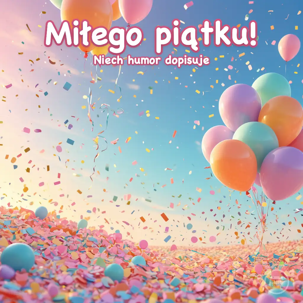 Kolorowe balony i konfetti na jasnym tle z napisem Miłego piątku! Niech humor dopisuje