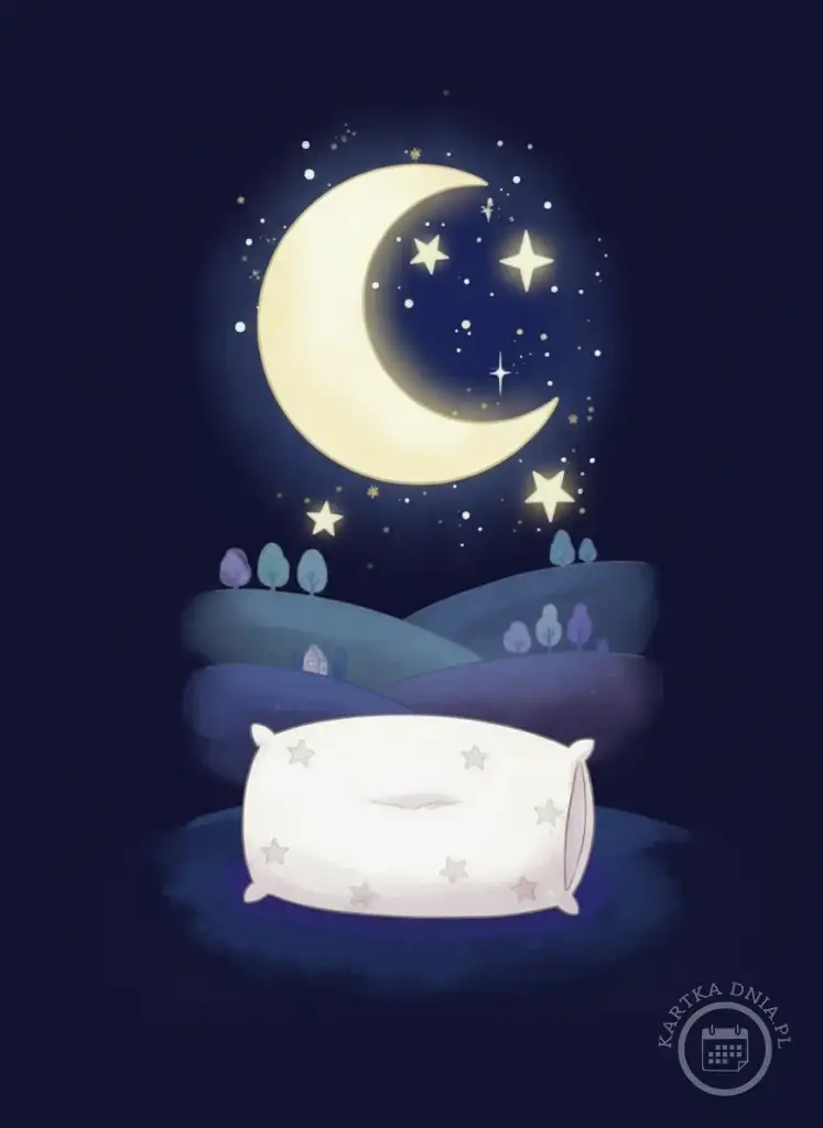 Ilustracja cyfrowa przedstawiająca niebo nocne z jasnym, złotym księżycem w kształcie sierpa i mnóstwem gwiazd nad pagórkowatym krajobrazem. Na pierwszym planie miękka, biała poduszka z wzorem małych gwiazdek, gotowa do snu. Scena symbolizuje spokój i dobre sny.