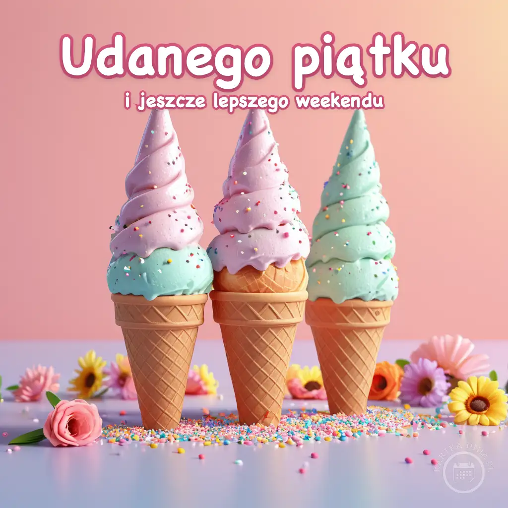 Trzy kolorowe lody w wafelkach w pastelowych barwach z posypką, otoczone kolorowymi kwiatami na różowym tle.