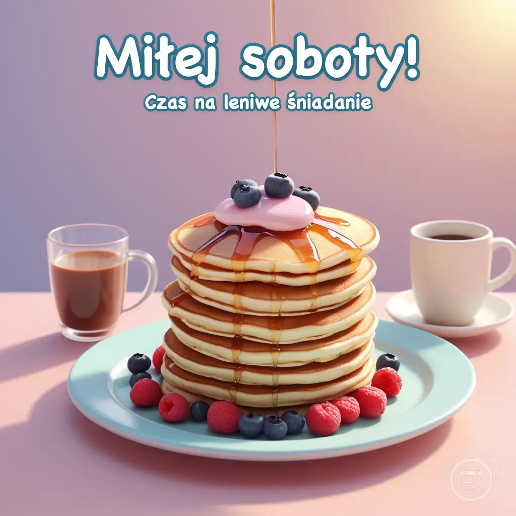 Stos puszystych naleśników z syropem, borówkami i malinami na niebieskim talerzu, obok filiżanka kawy i kubek kakao.
