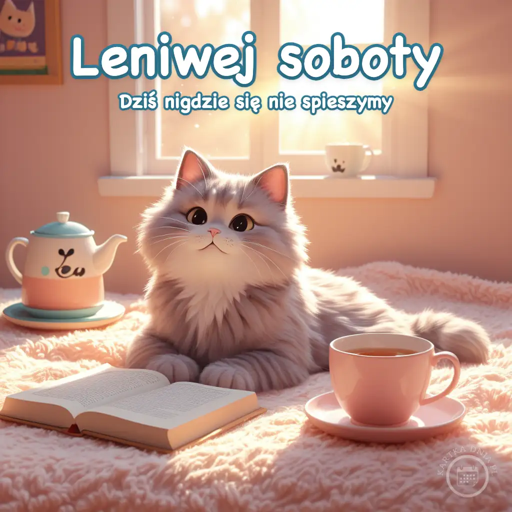 Puszysty szary kot leżący na białym kocu obok otwartej książki i filiżanki herbaty w słonecznym pokoju.