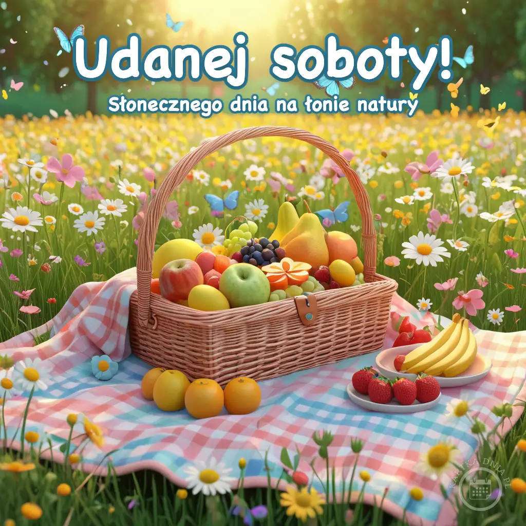 Kosz pełen kolorowych owoców na piknikowym kocu w kwitnącej łące z napisem Udanej soboty!