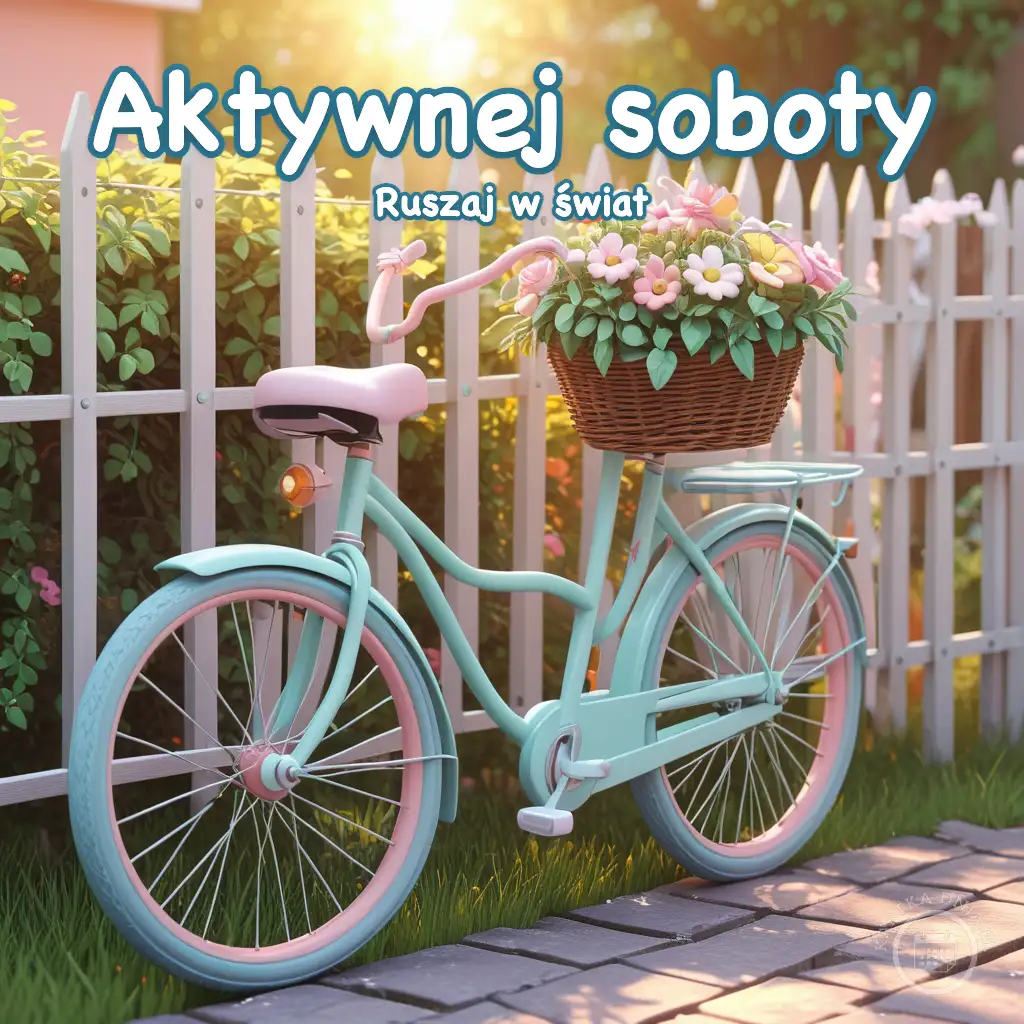 Błękitny rower z koszykiem pełnym różowych i białych kwiatów, stojący przy białym płocie w słoneczny dzień.