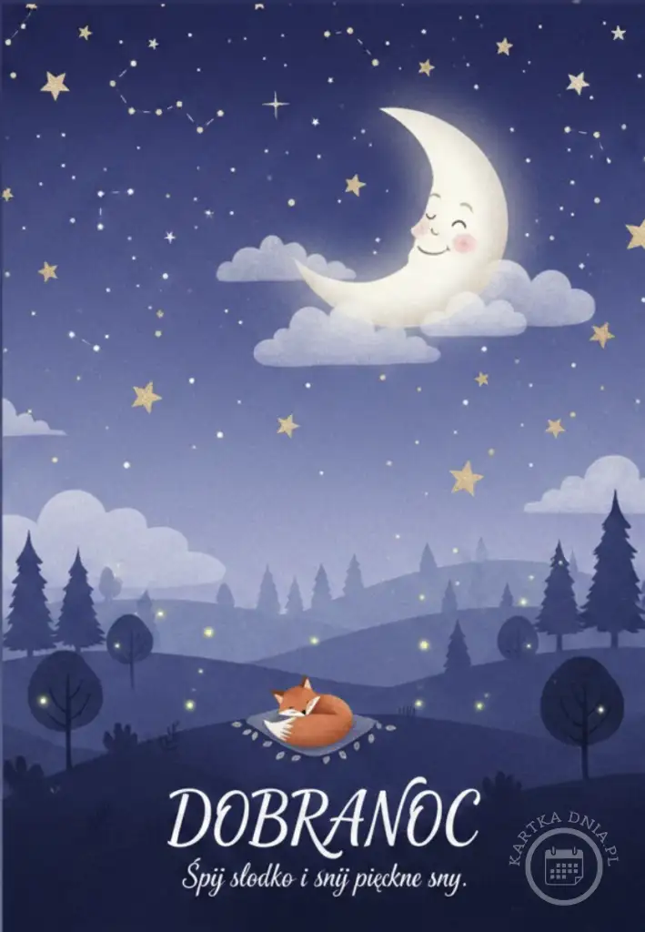 Ilustracja przedstawiająca uśmiechnięty księżyc, śpiącego liska, gwiazdy i drzewa na nocnym tle, z napisem "DOBRANOC".
