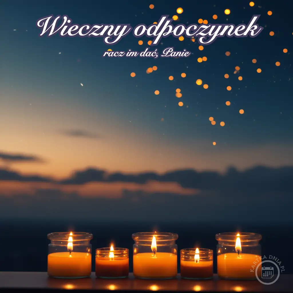 Pięć zapalonych świec w szklanych słoiczkach na tle wieczornego nieba z rozmytymi złotymi światłami.