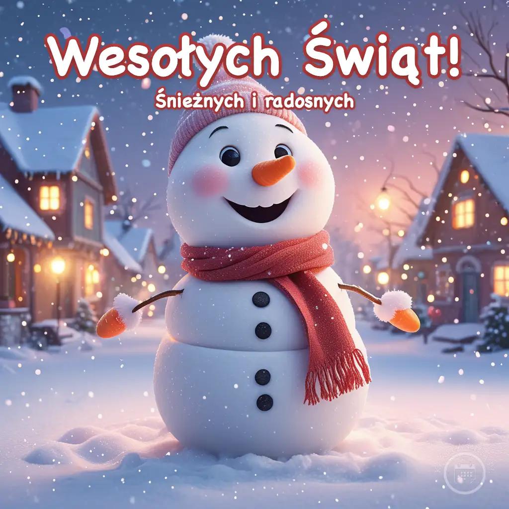 Uśmiechnięty bałwan w różowej czapce i szaliku na tle zaśnieżonej wioski z domkami