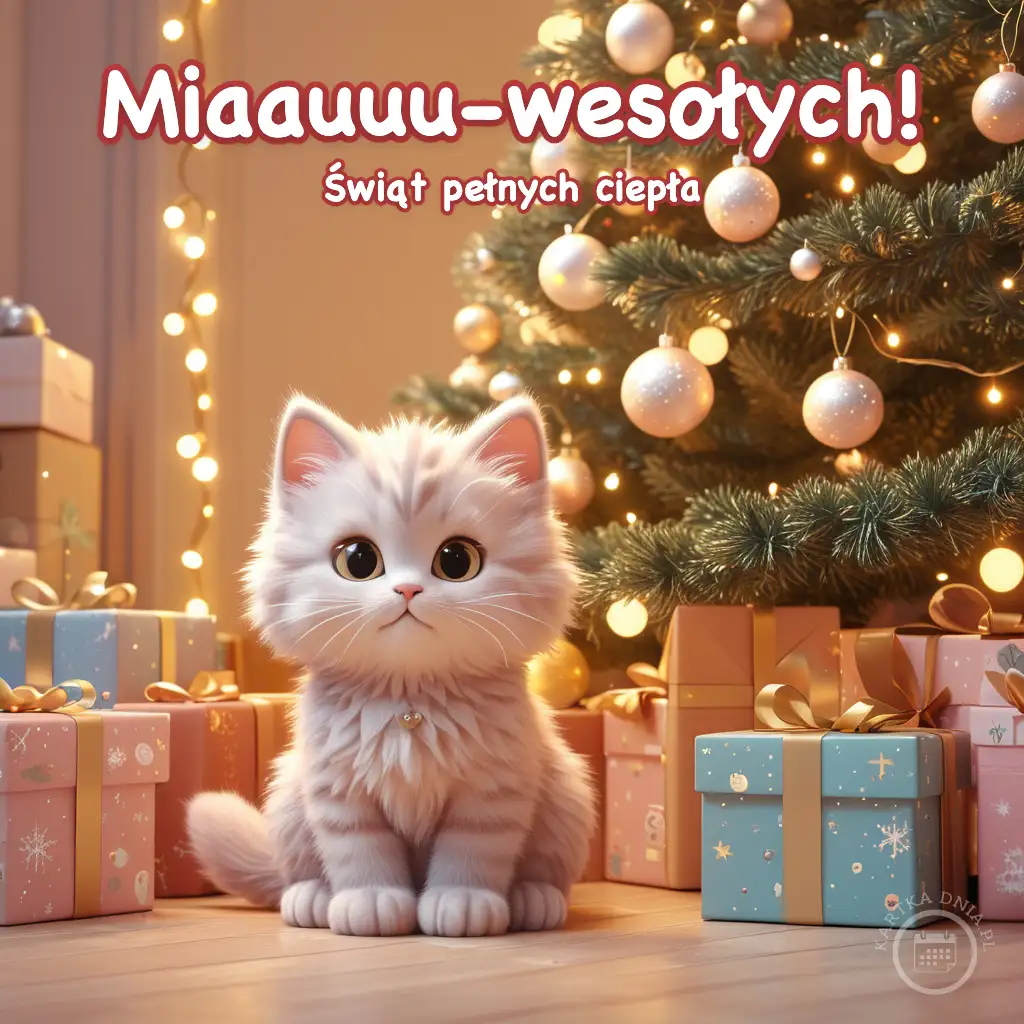 Puszysty biały kotek siedzący obok kolorowych prezentów pod rozświetloną choinką bożonarodzeniową.